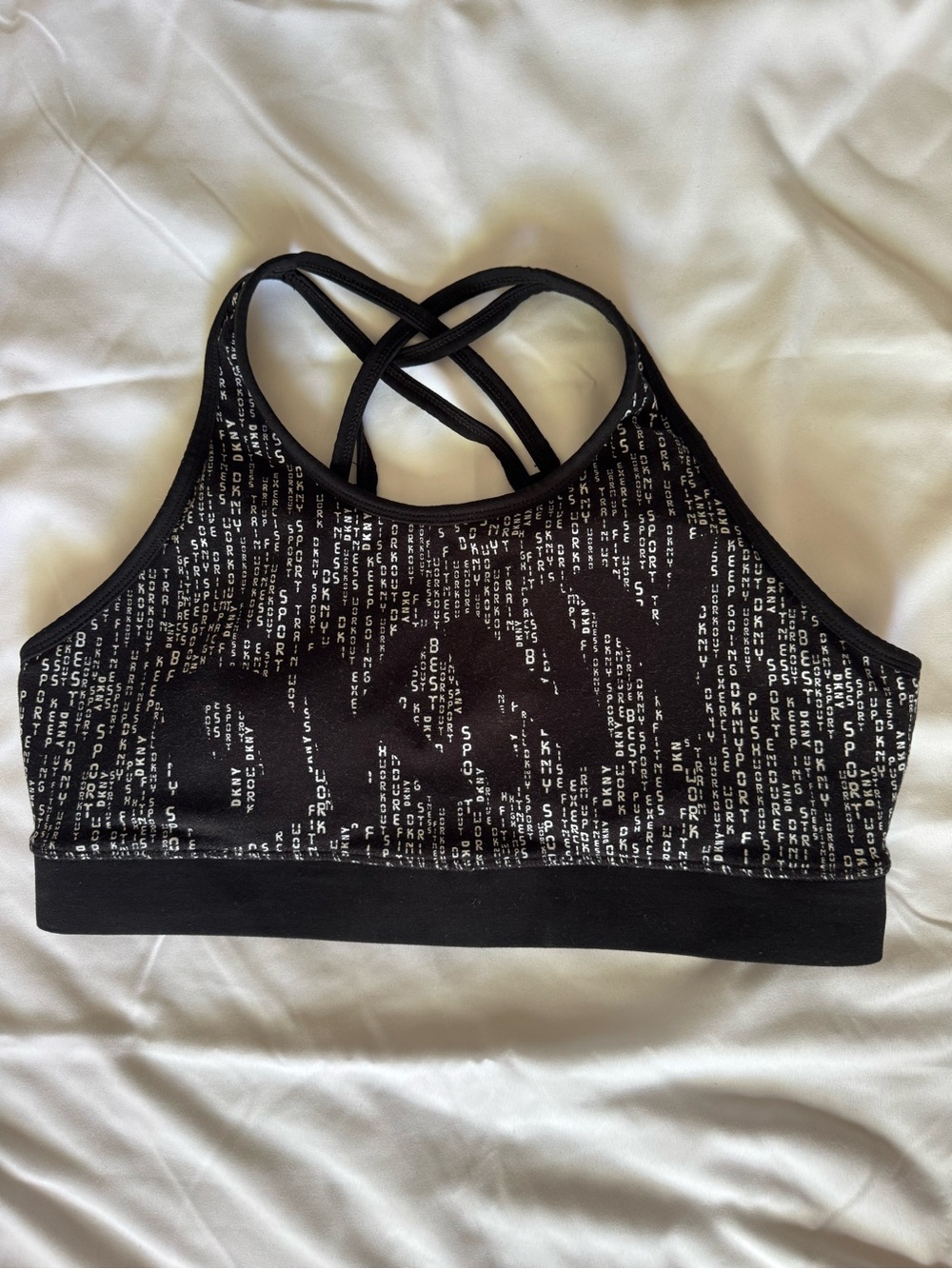DKNY Black and White Printed Strappy Sports Bra